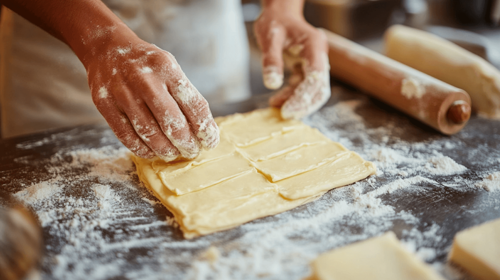 A baker folding layers of dough over a chilled butter block on a floured surface, demonstrating the lamination process for creating flaky Swiss Gipfeli croissants.