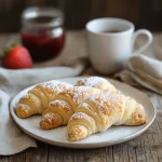 Golden-brown Swiss Gipfeli (croissants) on a baking sheet, dusted with powdered sugar, showcasing their flaky layers and crescent shape