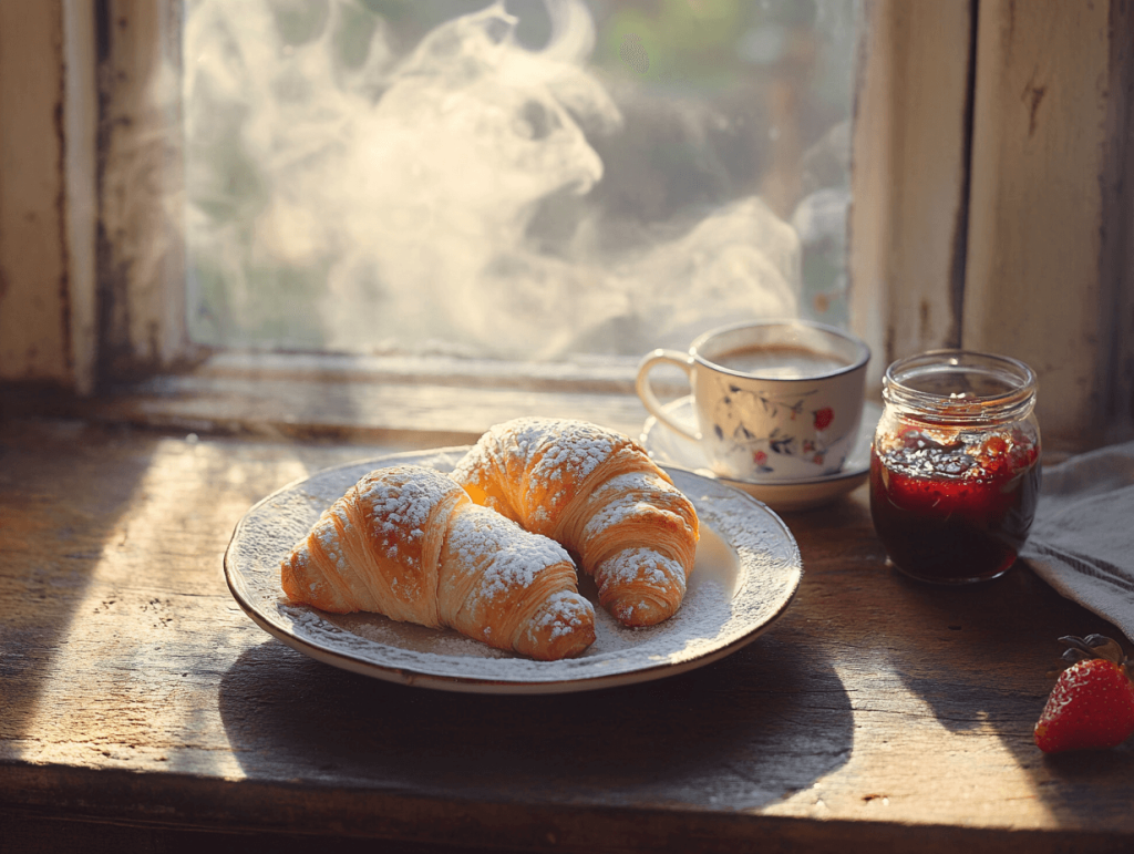 A plate of freshly baked Swiss Gipfeli (croissants) dusted with powdered sugar, served with a steaming cup of coffee and a jar of strawberry jam on a rustic wooden table, perfect for breakfast or brunch.