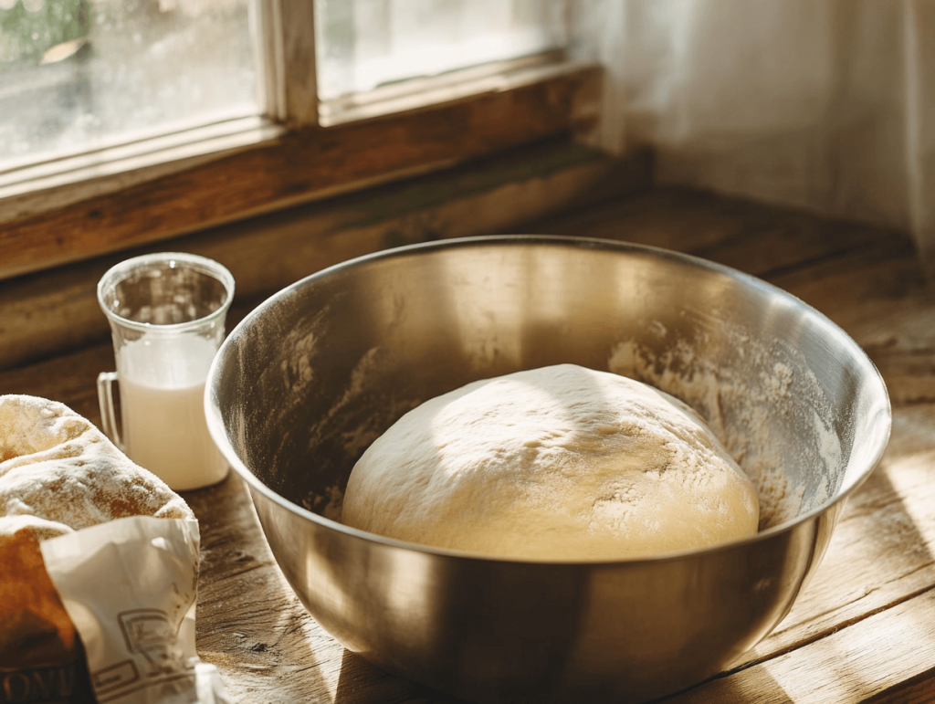 A smooth, elastic dough ball resting in a stainless steel mixing bowl, lightly dusted with flour, sitting on a rustic wooden table next to milk and flour, ready for the next step in making Swiss Gipfeli.
