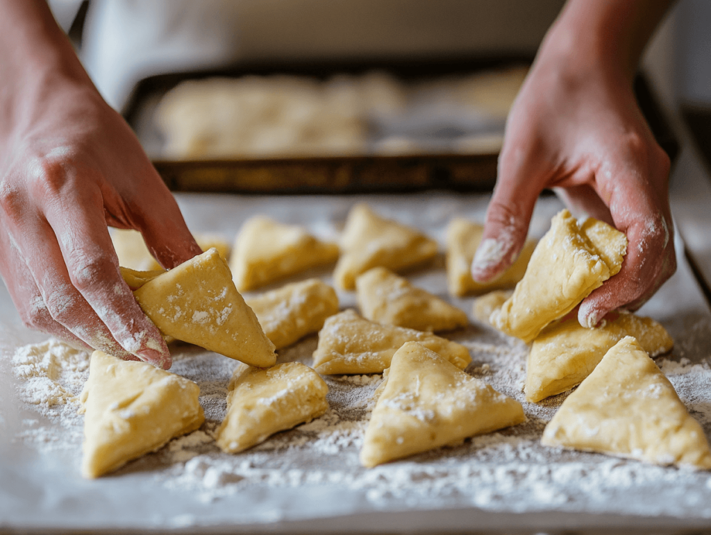 Close-up of hands shaping golden triangles of dough into crescent shapes on a floured surface, with a baking sheet lined with parchment paper in the background, preparing Swiss Gipfeli for baking.