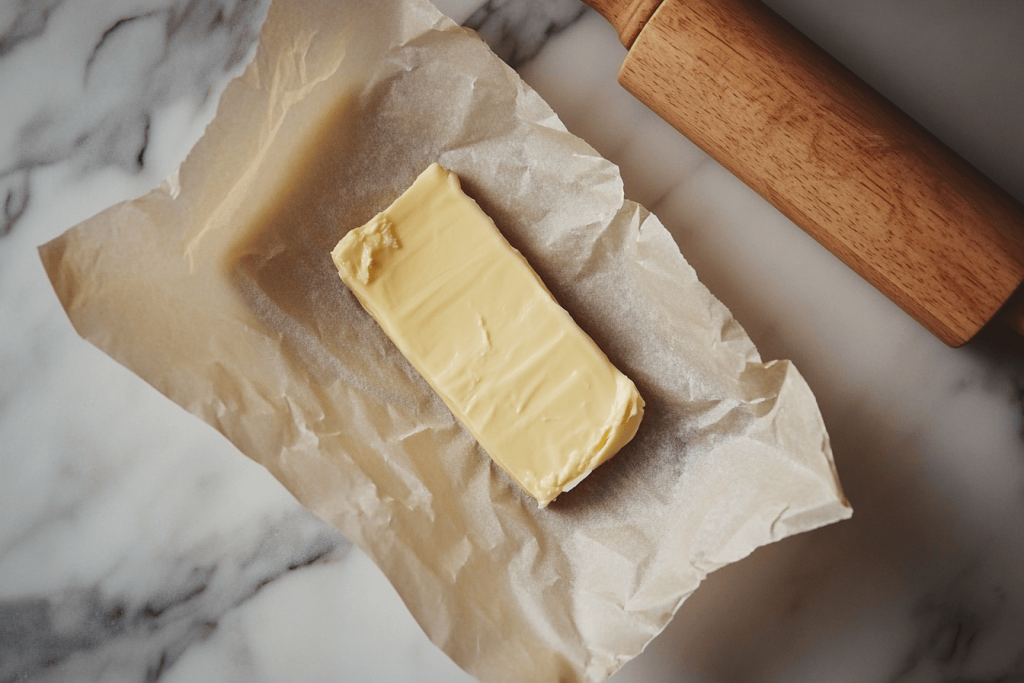 Cold butter rolled into a flat rectangle between two sheets of parchment paper, placed on a marble countertop with a rolling pin nearby, showcasing the preparation of butter for laminated dough.