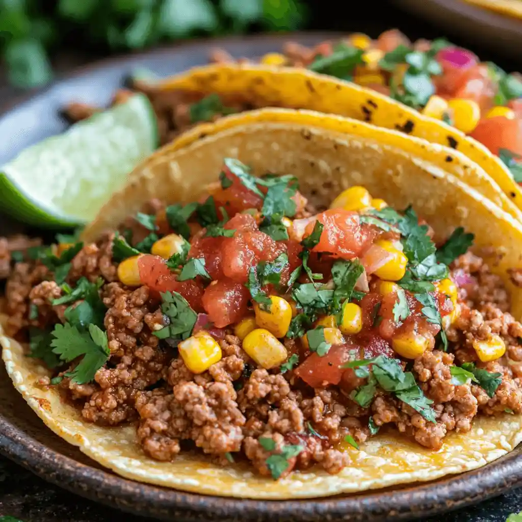 A close-up of spicy ground lamb tacos with chili powder, cumin, smoked paprika, and diced tomatoes, garnished with fresh cilantro and lime on warm corn tortillas. The scene has a cozy, rustic atmosphere, perfect for taco night.