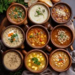 A variety of comforting crockpot soups, including creamy potato soup, hearty vegetable stew, spicy chili, and chicken noodle soup, garnished with fresh herbs and served with warm bread. The scene is cozy and inviting, perfect for all-year-round comfort food.