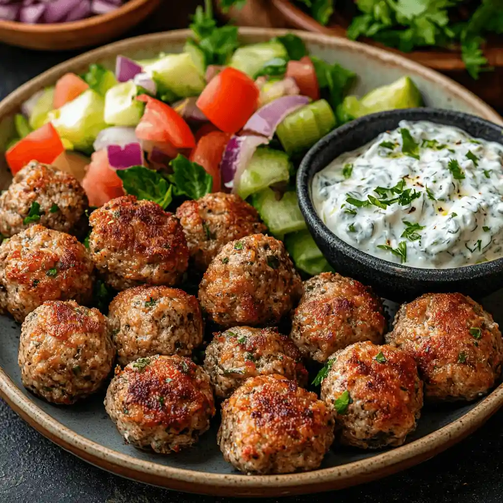 A plate of golden-brown Mediterranean ground lamb meatballs, served with tzatziki sauce and a fresh Greek salad, featuring vibrant colors and a rustic, inviting atmosphere.