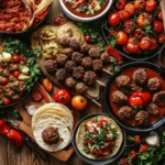 A vibrant spread of ground lamb dishes including kofta kebabs, spicy lamb tacos, lamb curry, Mediterranean meatballs, and stuffed bell peppers on a rustic wooden table, garnished with fresh herbs and spices in a cozy setting.