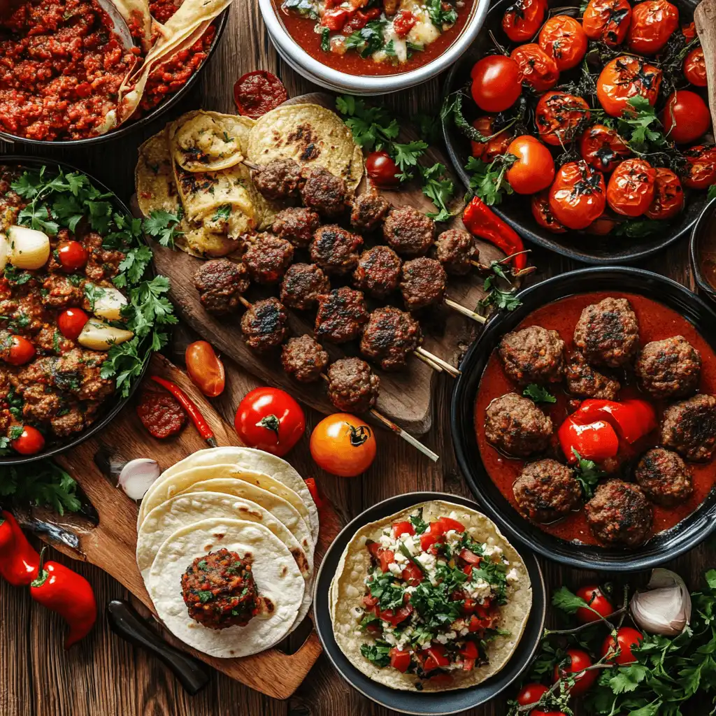 A vibrant spread of ground lamb dishes including kofta kebabs, spicy lamb tacos, lamb curry, Mediterranean meatballs, and stuffed bell peppers on a rustic wooden table, garnished with fresh herbs and spices in a cozy setting.